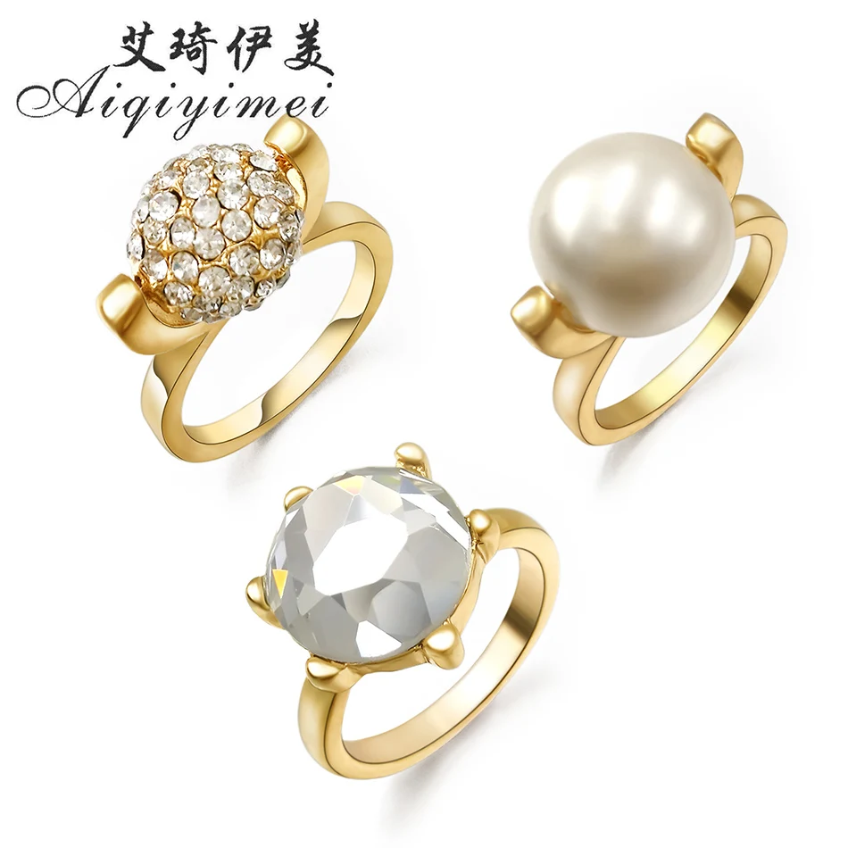 Size 6-8 Fashion Big simulated-pearl Ring sets Wholesale gold Color filled Crystal Rhinestone Wedding Rings Brand Jewelry gift | Украшения