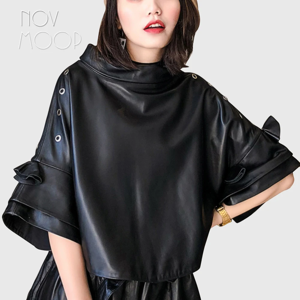 

Korean style oversized pullover genuine leather real lambskin coat jackets cropped batwing sleeve casaco feminino ropa LT2507