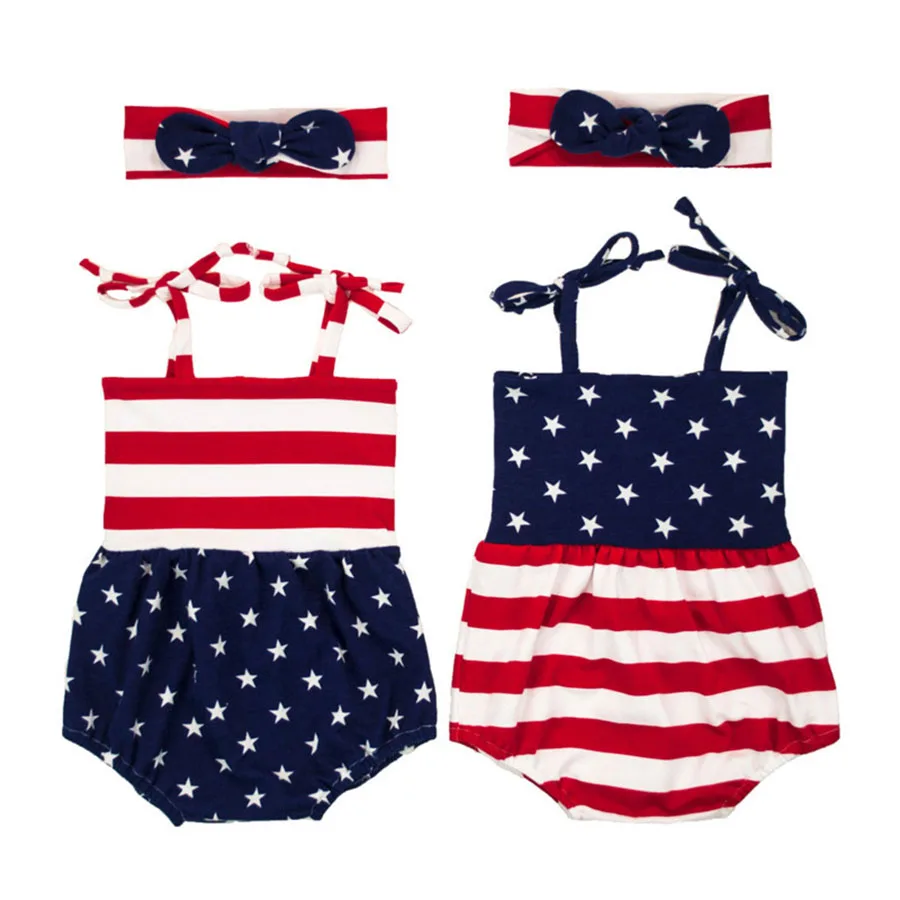 

Newborn Baby Girls Romper Outfit Infantil 4th Of July Baby Stars Stripes Jumpsuit+ Headband Cute Sister Twins Baby Clothes Set