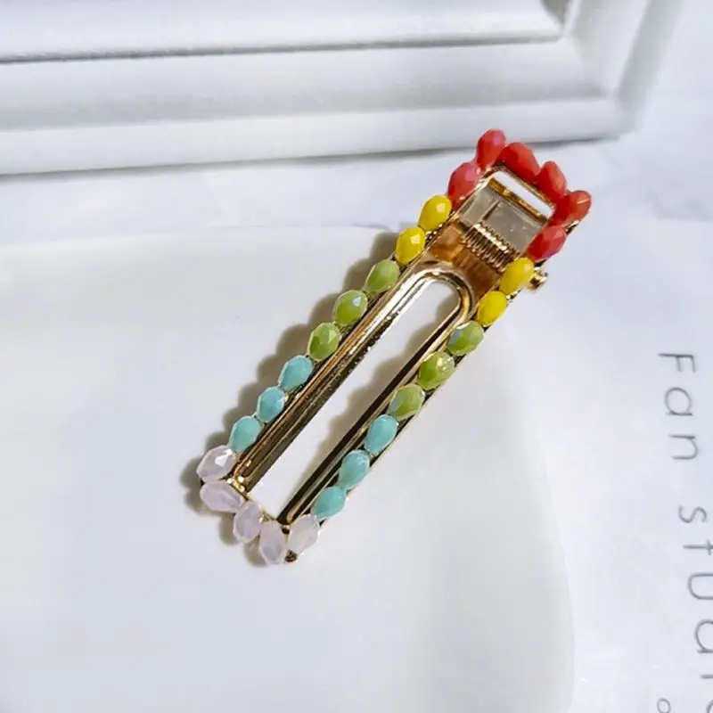 Korean Womens Gradient Rainbow Colored Duckbill Hair Clip Imitation Crystal Water Drop Long Strip Hairpins Side Bangs Barrettes