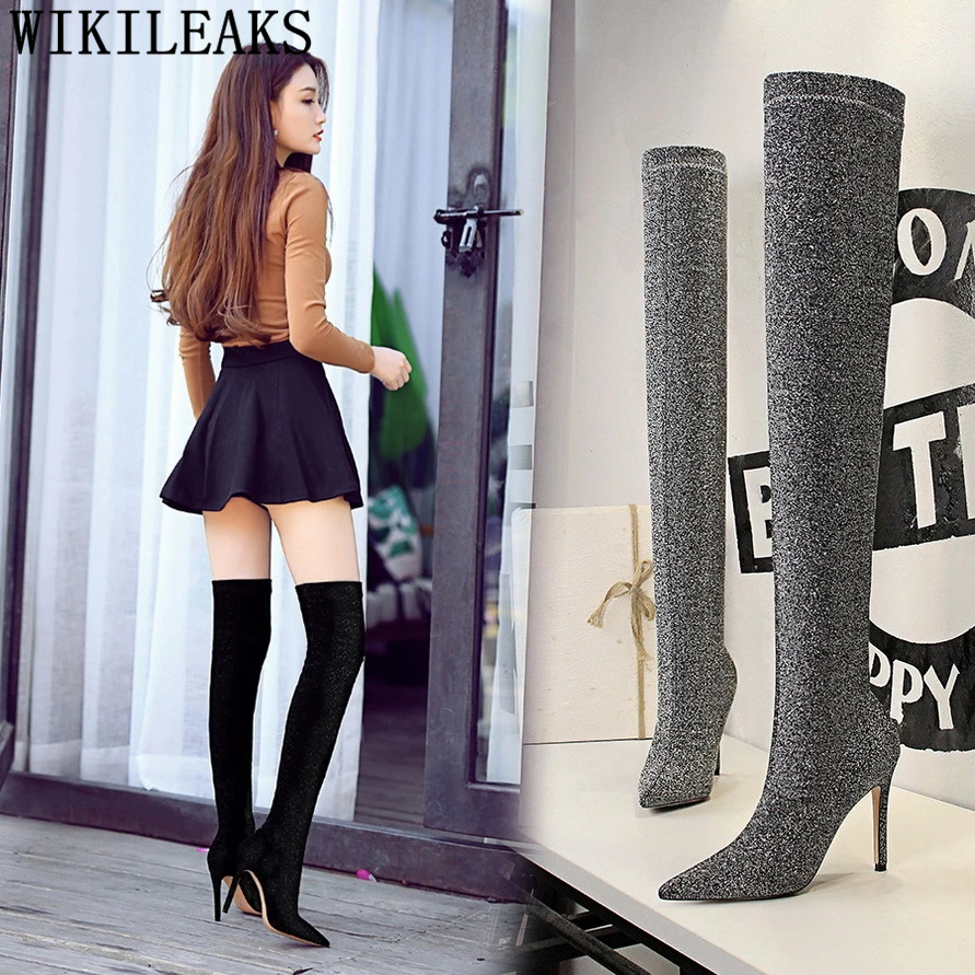 

Black Boots Glitter Boots Knee High Boots Heels Shoes Woman Extreme High Heels Stilettos Bottes Femmes Zapatos De Mujer Ayakkabi
