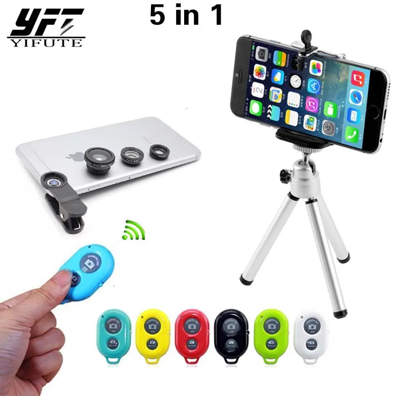 

5in1 Camera Lens Kit Fisheye Fish eye Lens Bluetooth shutter Tripod for iPhone 7 lens 5 6s 6 Phone Holder for xiami mi6 Lens
