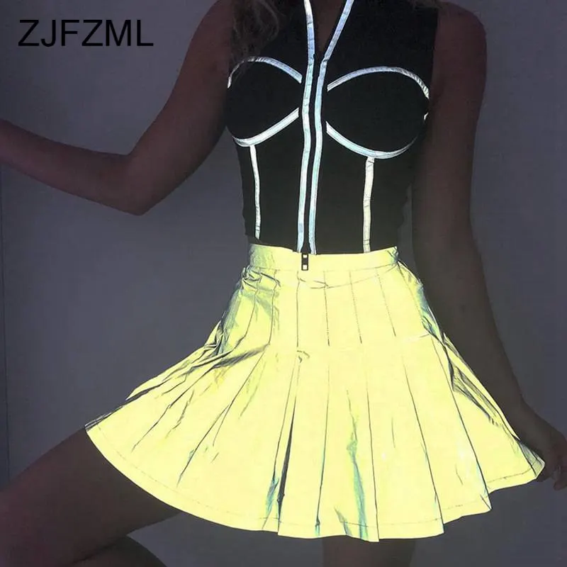 

Reflective Pleated Skirt Women High Waist Sexy Mini Party Bandage Skirt Ladies Summer Causal Neon Green Short Skirts Streetwear