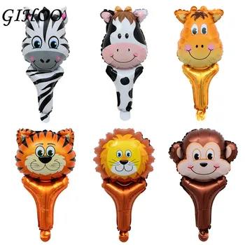 

50pcs Animal Head Hand Stick Foil Balloons Tiger Lion Air Ballon Kids Birthday Party Decorations Baby Shower Handheld stick toys