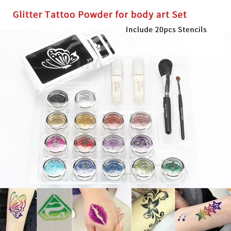 

15 Colors Shimmer Glitter Temporary Tattoo Set 20 Tattoo Pattern Stencils 2 Glue & 2 Brushes Set For Tattoo Body Paint Design