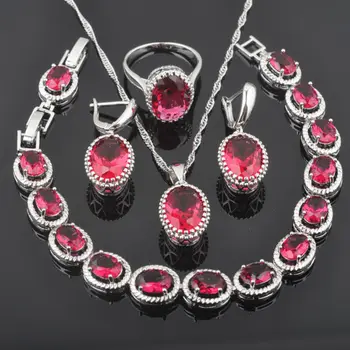 

Rose Red Zircon Egg Design For Women Jewelry Sets Silver Color Bracelet Necklace Pendant Earrings Ring Russian Style QS0190