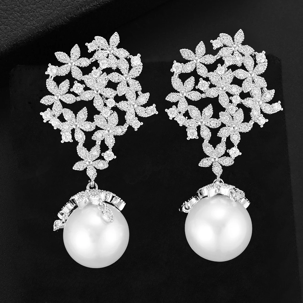 

Women Fashion Flower Cluster Cubic Zirconia Pearl Pendant Dangle Earrings For Women Wedding Jewelry