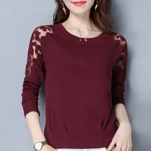 Европа новые весенние Женская мода свободные o Средства ухода за кожей шеи с длинным рукавом Кружево лоскутное черная футболка Топы корректирующие женские Повседневное oversize Футболки для девочек