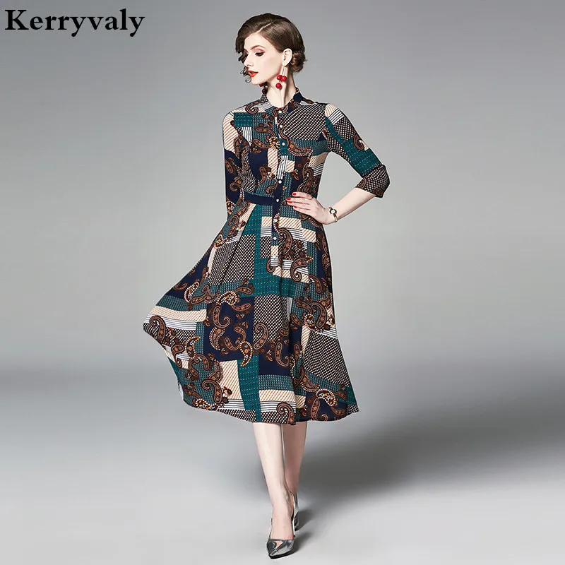 

New Summer Geometric Printing Retro Dress Vestidos Mujer Verano 2019 Women Midi Party Runway Dress Robe De Plage K6240