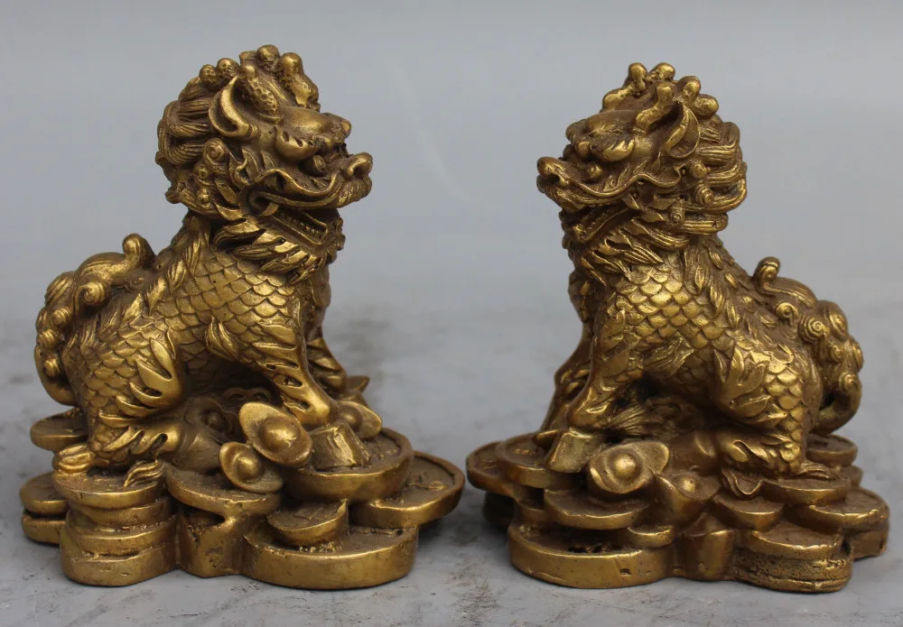 

Details about 4" Chinese Bronze Money Wealth Yuan Bao Kylin Dragon Beast Chi-lin Statue Pair