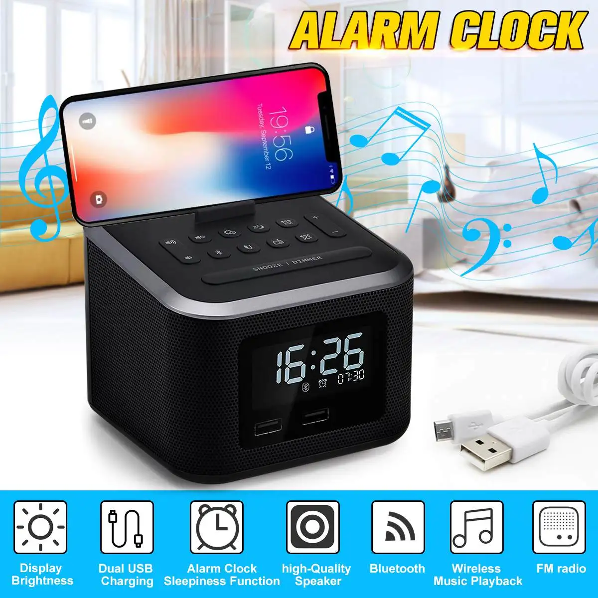 

LCD Wireless bluetooth 4.2 Radio Alarm Clock Speaker with 2 USB Ports LED Digital FM Radio Home Decoration Snooze Table Clocks