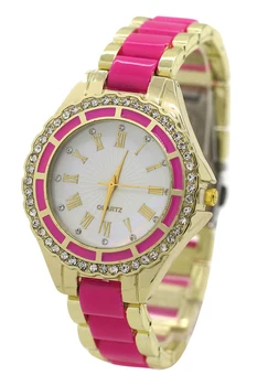 

YCYS!Women's Rhinestone Alloy Case Wrist Watch Golden+Rose red