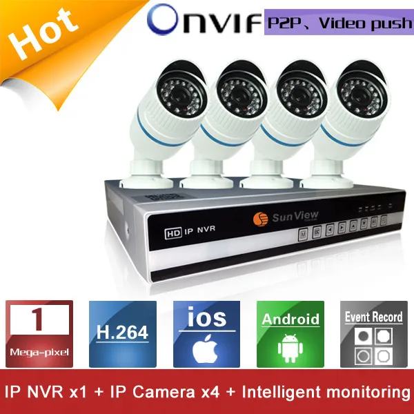 Free Shipping 4 Channels CCTV NVR KIT 720P 1.0mp IP Camera Network video recorder P2P support Home alarm push Security | Безопасность и