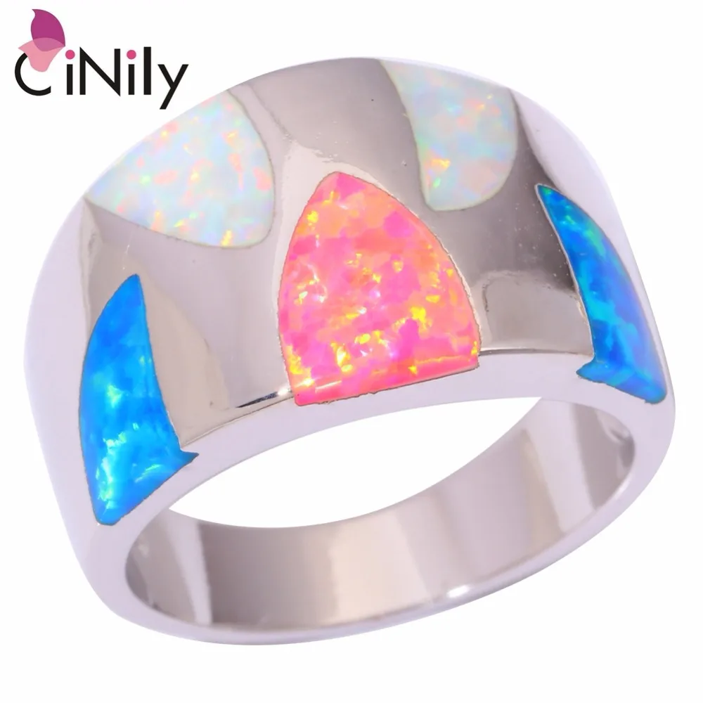 

CiNily White Blue Pink Fire Opal Stone Rings Silver Plated Large Triangle Finger Ring Punk Rock Fashion Party Jewelry Women Men