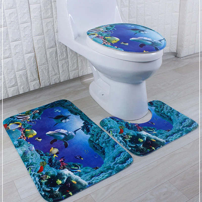 

3 Pieces Set Anti-slip Bath Mat Toilet Seat Cover Carpet Bathroom Ocean Conch WC Absorbent Floor Rug Mat Bathroom Accessories