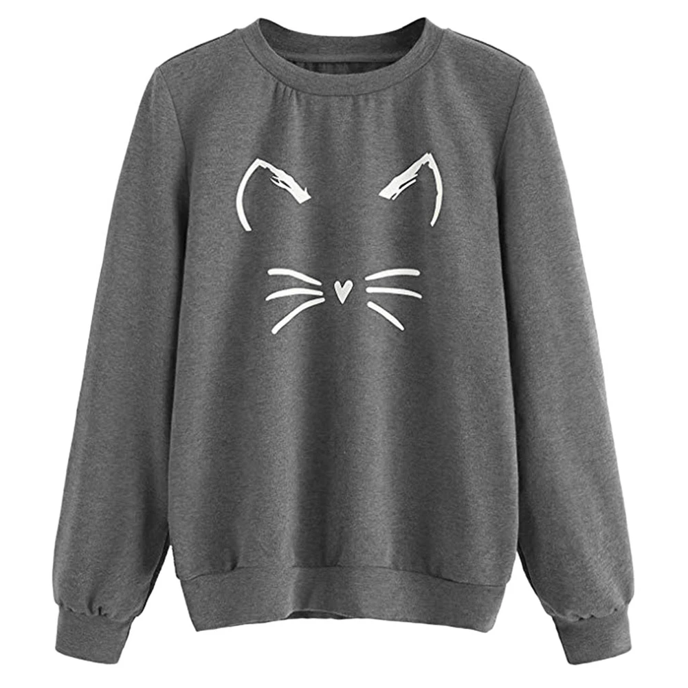 Свободный женский свитер с длинными рукавами и принтом кота, повседневный Повседневный Модный пуловер нормальной толщины, круглый вырез