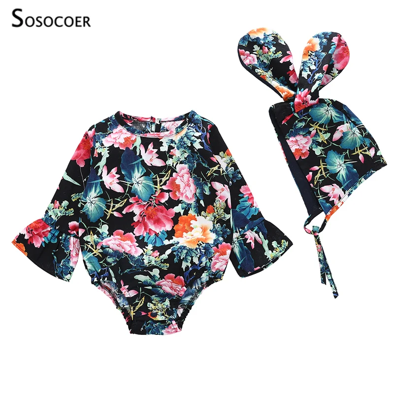 

SOSOCOER Baby Girl Clothes Set Floral Printed Long Sleeve Romper Jumpsuit Big Ear Hat Infant Newborn Outfits 2pcs Set 3-12M