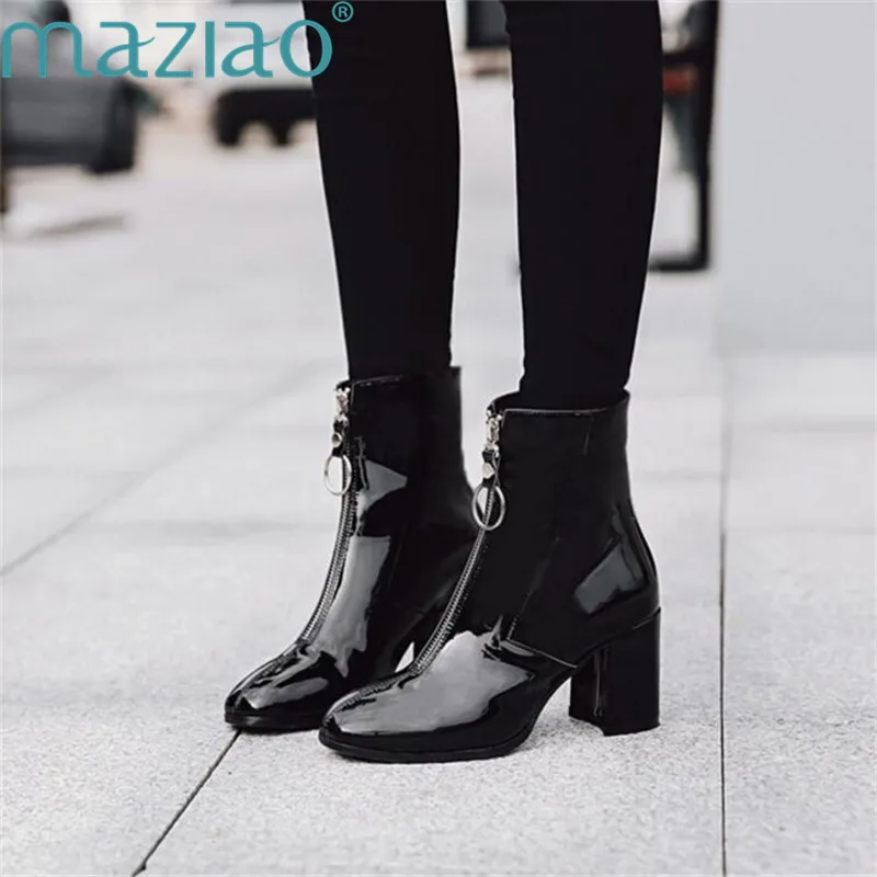 

MAZIAO Winter Boots Women Front Zipper Patent Leather Chelsea Boots Square Toe Thick High Heels Motorcycle Boots Martin Botas