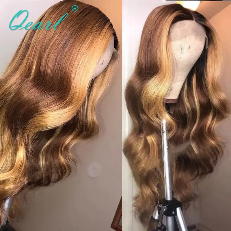 Human Hair Lace Front Wig Brown With Honey Blonde Highlights 13x4