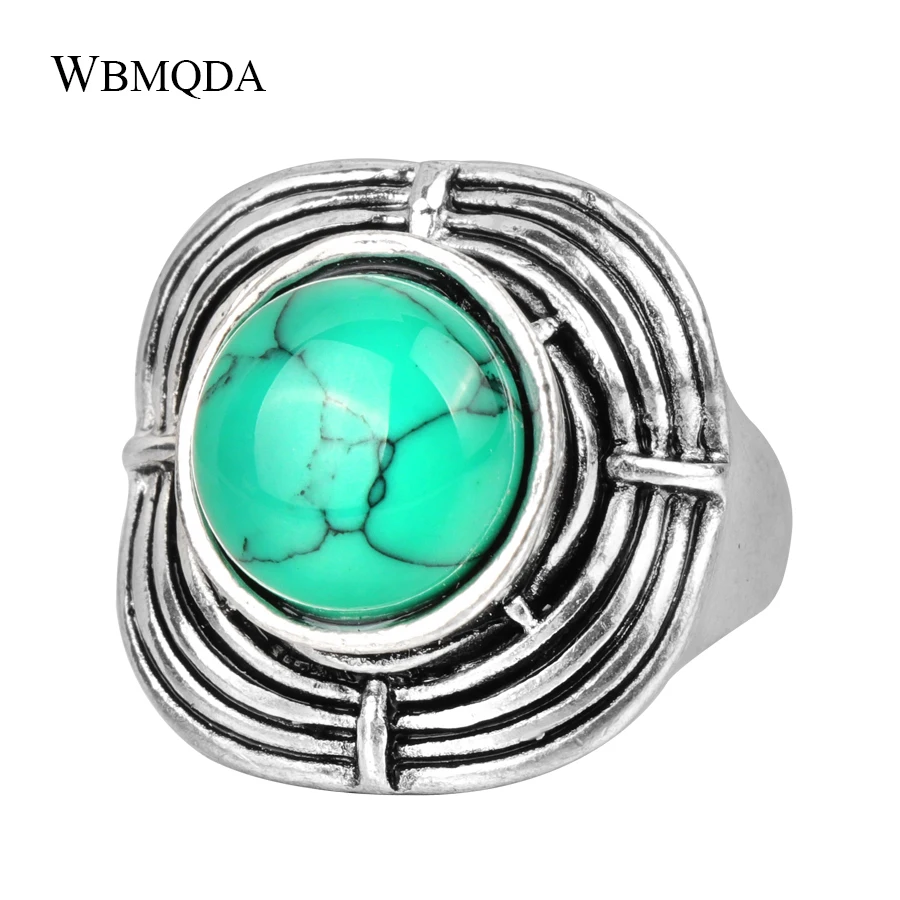 

Ethnic Green Blue Stone Ring Antique Silver Bohemian Rings For Women Vintage Tibetan Jewelry Trending Products 2018