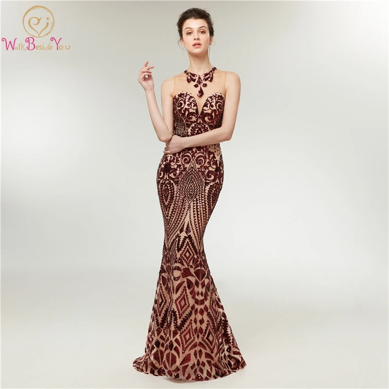 

Plus Size Mermaid Formal Party Long Evening Dresses O Neck Sleeveless robe de soiree Illusion Sequined Tull Gown Walk Beside You