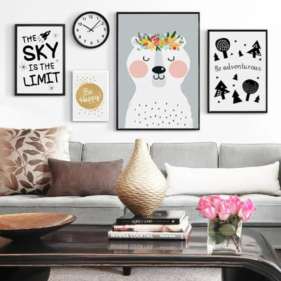 

Happy Life Modern Abstract Bear Animal Nursery Nordic Canvas Painting Poster Wall Art Pictures Kids Room Home Decor