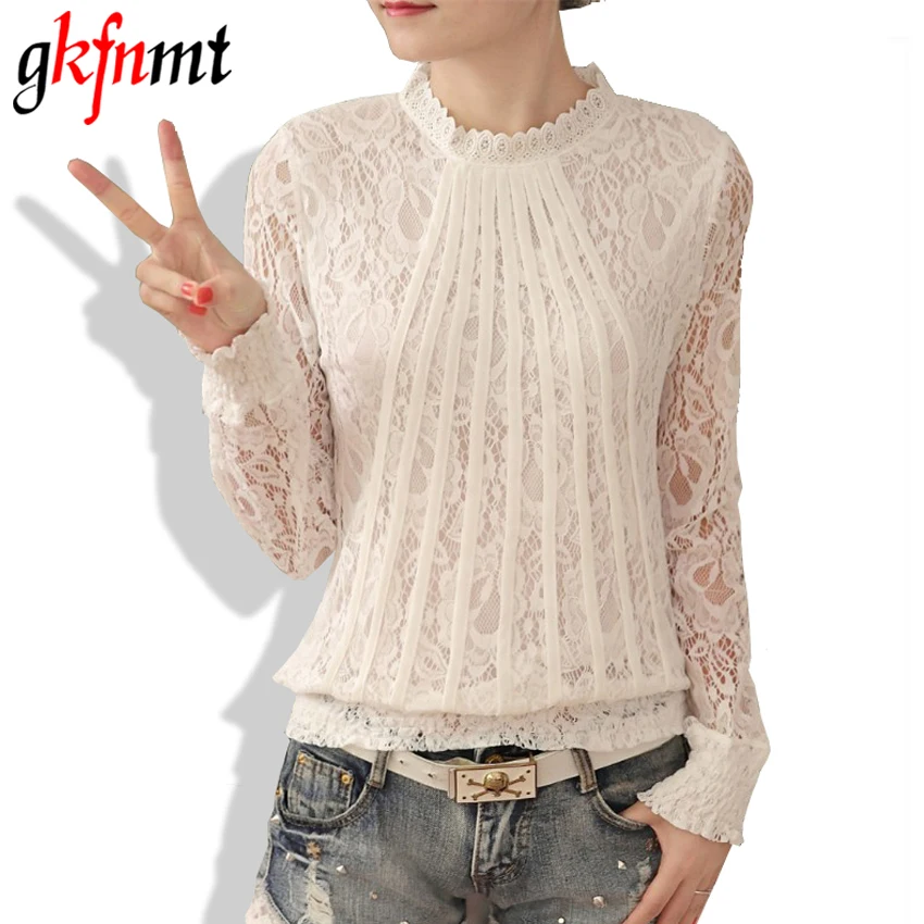  Gkfnmt New 2018 Autumn Women Blouses White Lace Blouse Plus Size Long Sleeve O-neck Korean Casual L