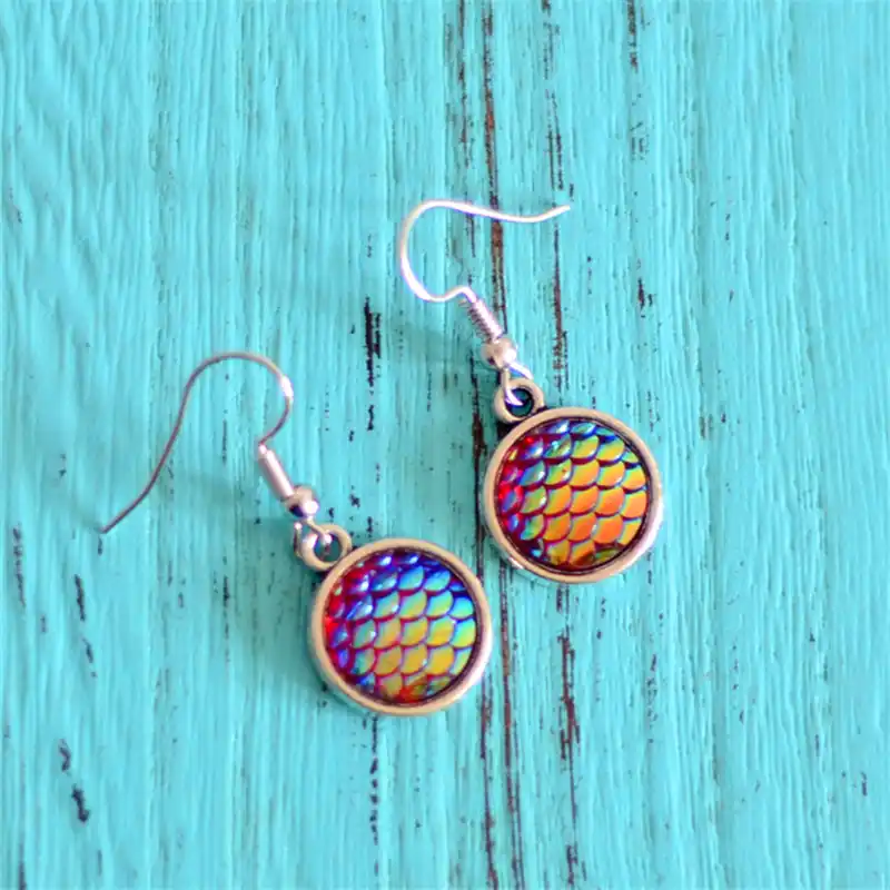 Ручной работы Drusy Смола Круглые бусы серьги Русалка рыбья чешуя Pattern моды Мода