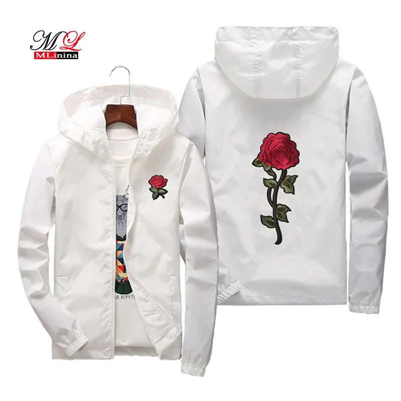 

Lusumily Women Basic Jackets 2019 Hooded Jacket Coats Embroidery Rose Causal Plus Size 7XL Windbreaker Women Bomber Famale White