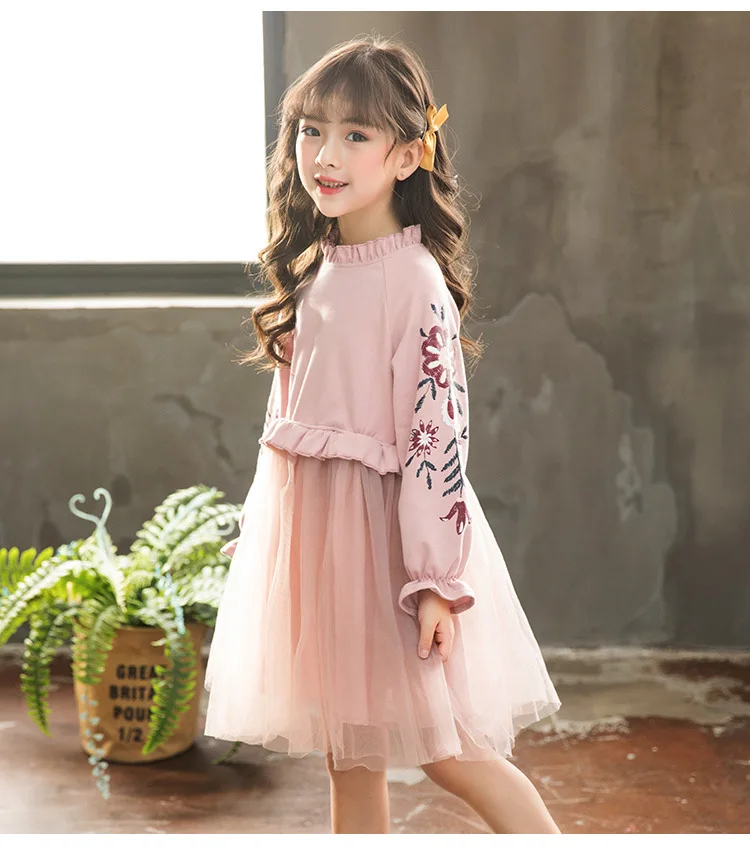 Детское осенне-зимнее качественное платье с длинными рукавами красного/розового цвета с цветочным принтом повседневное модное платье-пачка для девочек от 3 до 12 лет