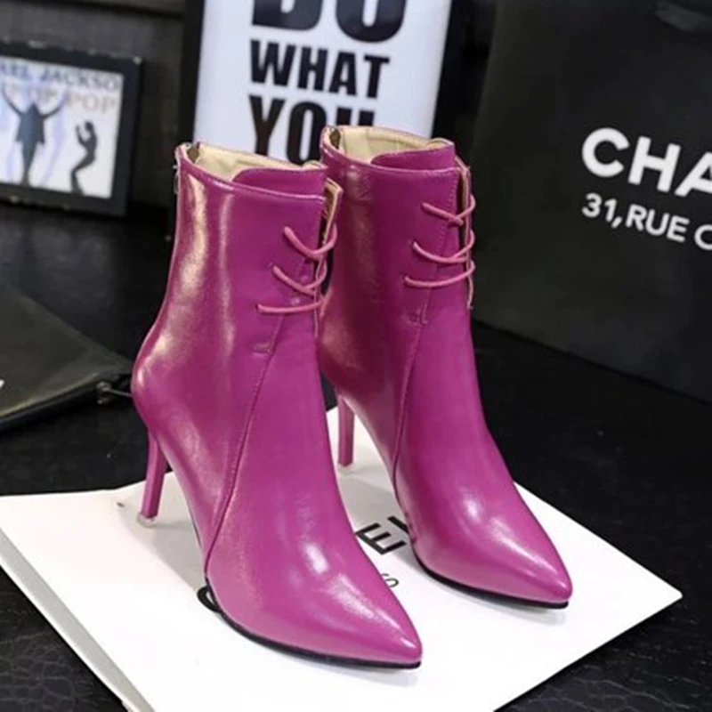 

2018 Autumn And Winter New Plus Velvet Boots With Stiletto Women's Boots High Heels Pointed Martin Boots Short Purple Boots