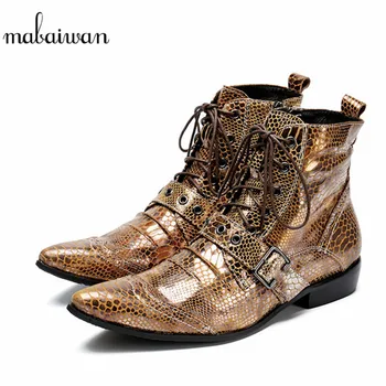 

Mabaiwan Leather Men Shoes Ankle Boots Slipper Pointed Toe Lace Up Shoes Men's Military Cowboy Boots Strap Cool Side Zip Flats