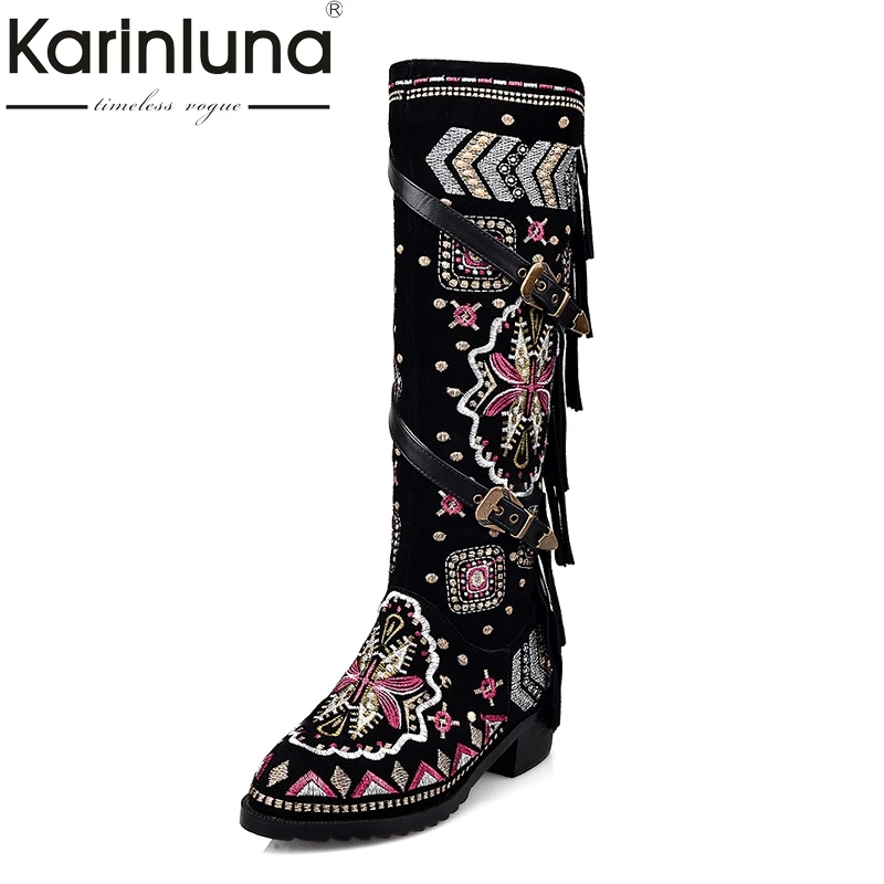 Véritable Femme Daim 33 Broderie Boucles Kairnluna 43 Qualité Bottes En Hiver Top Ethnique Vache Chaussures Fringe Noir Grande Style Taille Cuir vwONn8m0