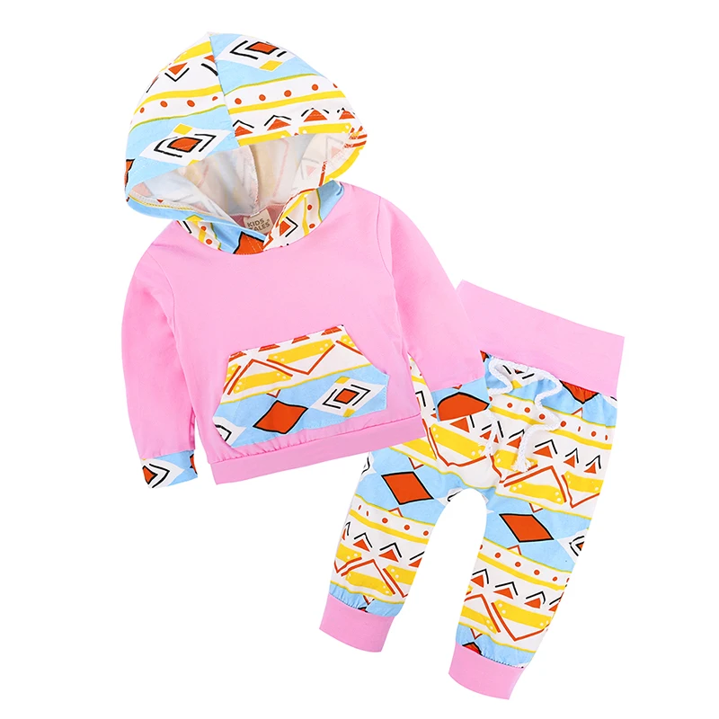 fashion 2018 autumn 2PCS UNISEX BABY HOODED SET cotton long sleeve hoodies geometry print+pants new born baby boy home outfit