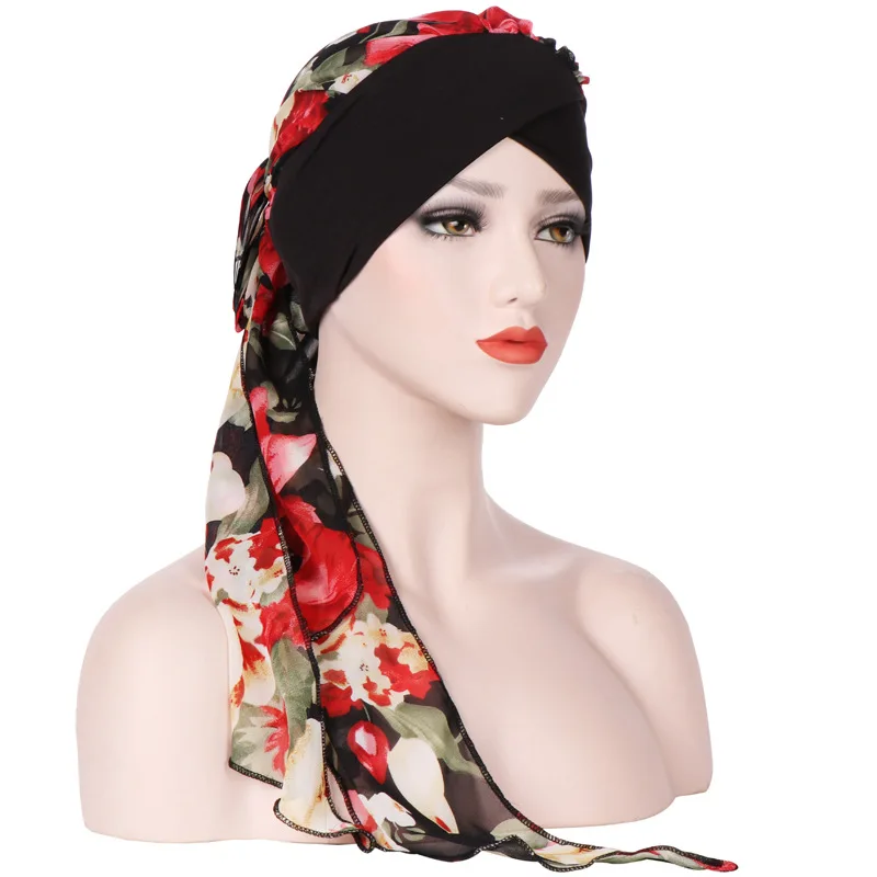 

Women Soft Silk Chiffon Long Tail Cap Bandana Muslim Hijab Head Scarf Chemo Turban Pre-Tied Flowers Headband Headwrap Turbante