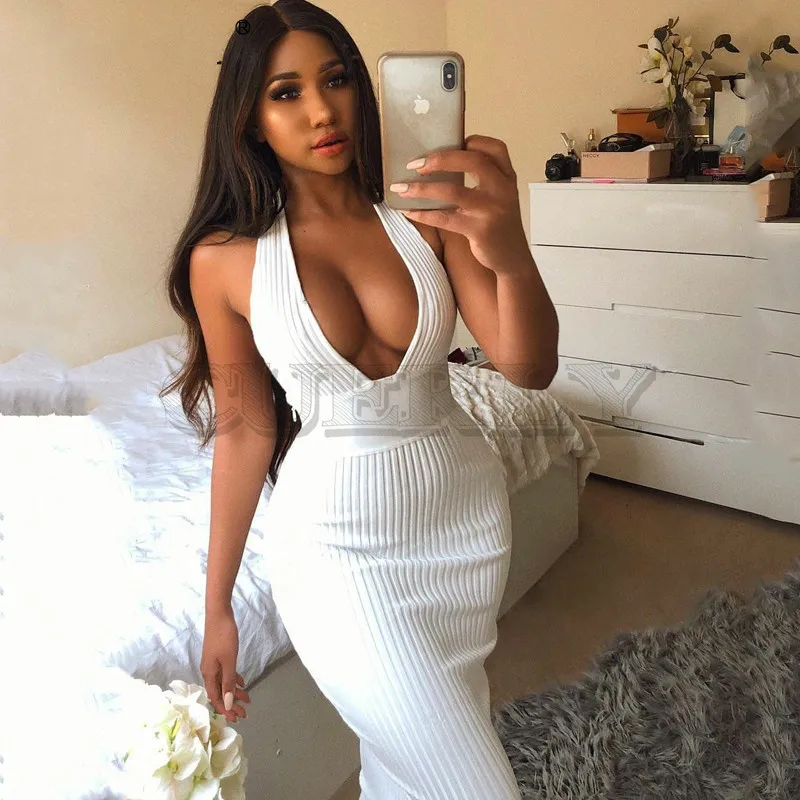 

CUERLY Women Halter Christmas Party Dresses 2019 Autumn summer Knittted Sexy Slim Bodycon Bandage Long Maxi Dress CUERLY