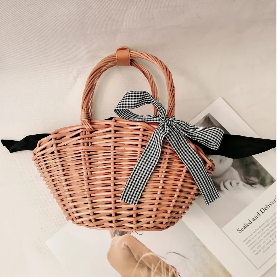 

Women Hand-woven Rattan Bags Bow Basket Handbag For Women Summer Casual Beach Bag Large Capacity Portable Composite Bag 2019