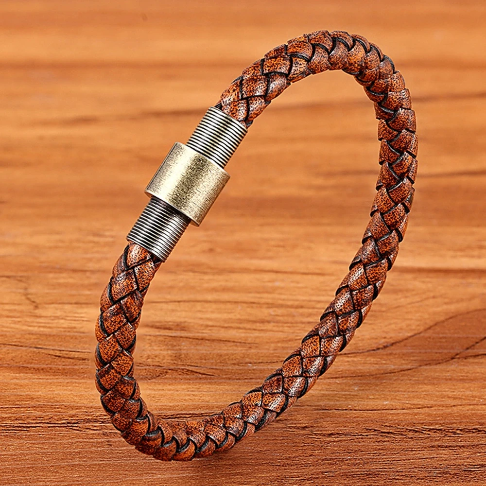

TYO Custom Stainless Steel Vintage Magnet Button Brown Braided Real Leather Bracelet Watch Woman Men Accessories Jewelry