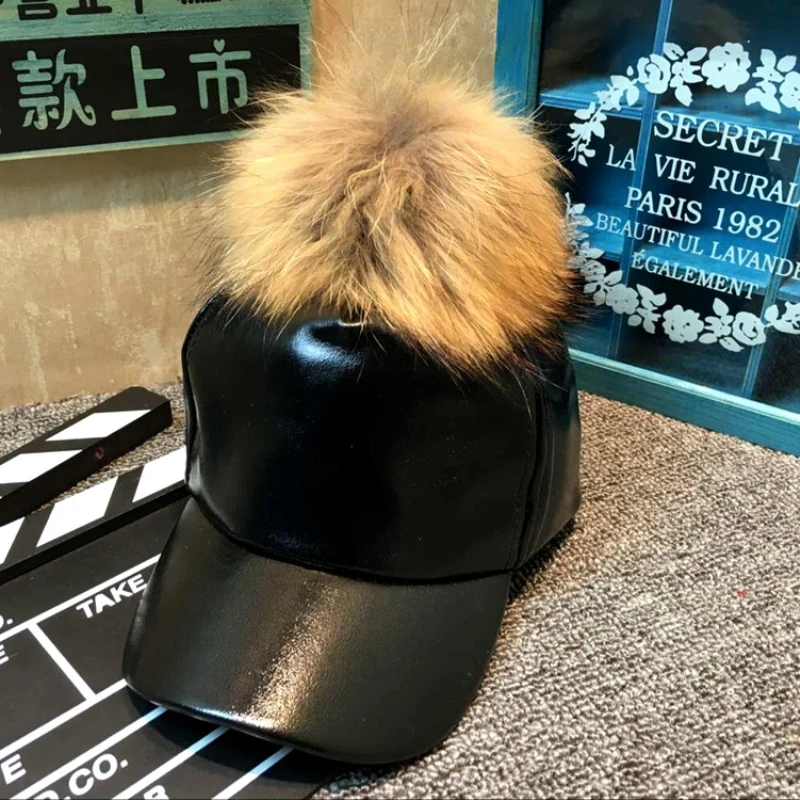 

Wholesale PU Leather  Female Cap Mink Ball Winter Hats For Women Leather Baseball Cap Snapback Hat Hip Hop Hat HT-101