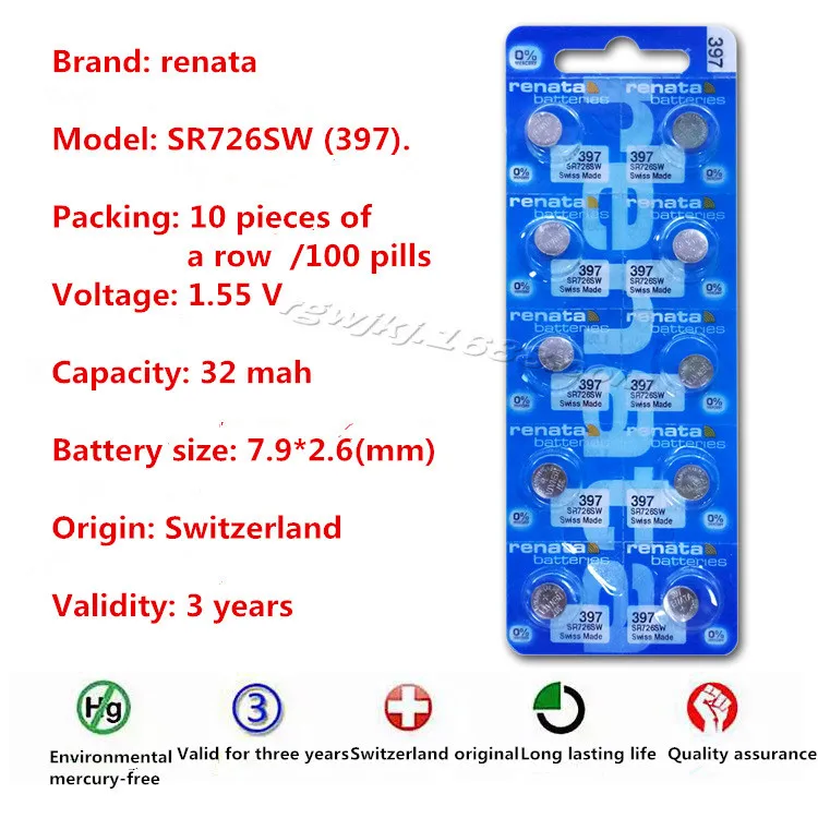 10 шт./лот, розничная, бренд Renata, длительный срок службы, 397, SR726SW, батарея для часов, оксид серебра, кнопка, монета, ячейка, швейцарское производство