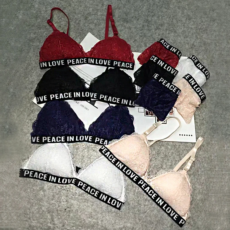 

DERUILADY Lace Sexy Charming Lingerie Bra Set Fashion Letter Thin Bra And Panty Set Comfort Wire Free Bralette Underwear Set