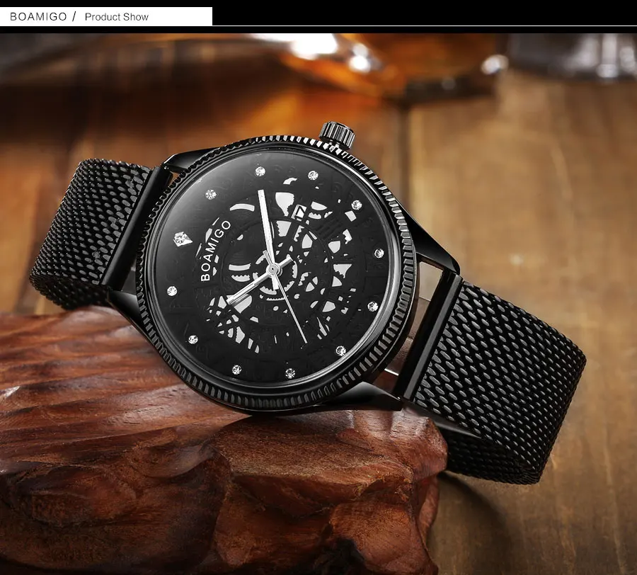 BOAMIGO Brand Mesh Steel Band Watches Mens Black Quartz Watch Fashion Skeleton Male Simple Wristwatch Auto Date Waterproof Clock (25)