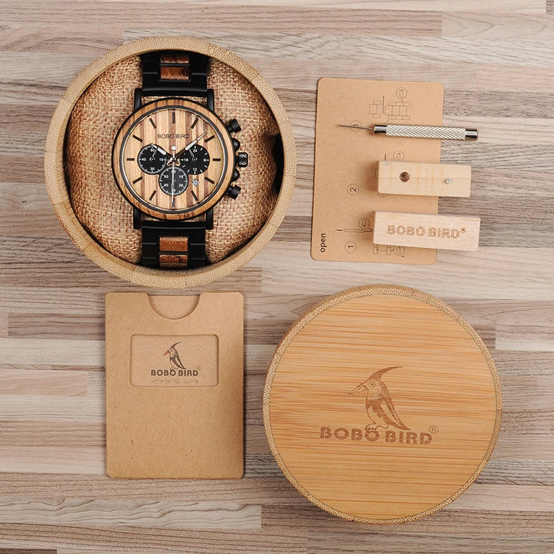 BOBO BIRD Steel Watch Men Top Brand Luxury Luminous Hands Quartz Wooden Wristwatches with Date Display orologi da polso