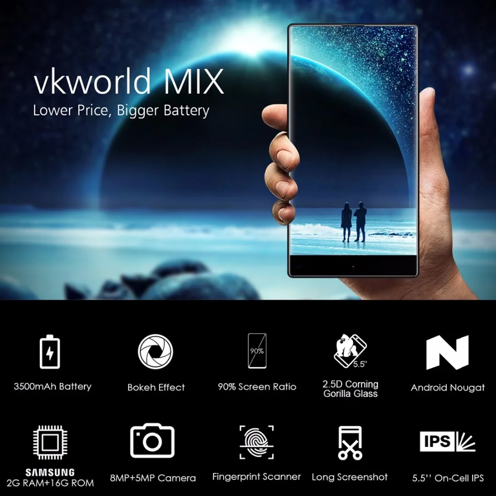 Vkworld Mix 5," полноэкранный 3500 мАч 2 Гб ОЗУ 16 Гб Android7.0 смартфон MTK6737 четырехъядерный 8 Мп+ 5 Мп отпечаток пальца 4G LTE сотовые телефоны