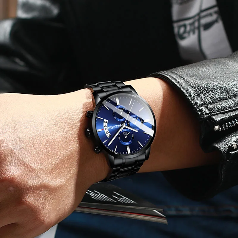Мужские наручные часы, мужские деловые часы с хронографом, роскошные Брендовые мужские часы, кварцевые часы для мужчин, мужские наручные часы