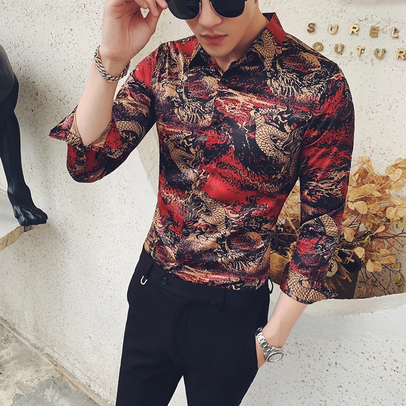 

Chinese Style Men Shirt Top Quality Luxury Dragon Print Shirts For Men Clothes 2019 Long Sleeve Men Dress Shirts Slim Fit Tuxedo