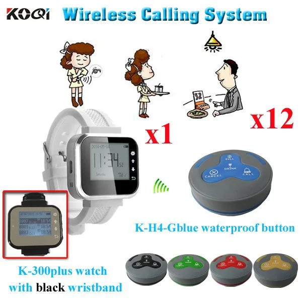 K-300plus+K-H4-Gblue 1+12 Calling Pager System New LCD Watch Wireless Service For Restaurant Bar Waiter Wrist K-300plus Black Color With 12pcs Call Bell