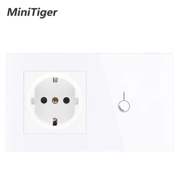 

Minitiger EU standard Wall Power 16A Socket And 1 Gang 1 Way Wall Light Touch Switch White Crystal Glass Panel Light Wall Switch