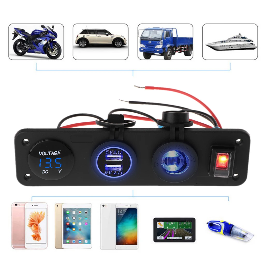 

Dual USB 2.1A Charger LED Voltmeter Cigarette Lighter Power Supply Switch Panel