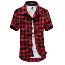 Camisa a cuadros roja y negra para hombre, camisa de manga corta a la moda para verano, 2021